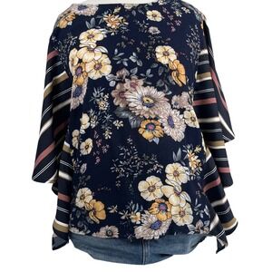 Umgee USA Floral Stripe Mixed Media Tie Back Kimono Sleeve Blouse Navy Blue M